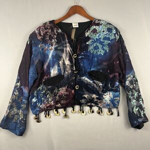 Bali Moon Vtg Cropped Jacket With Metal Button Tassle Boho Tie Dye Fire Dancer